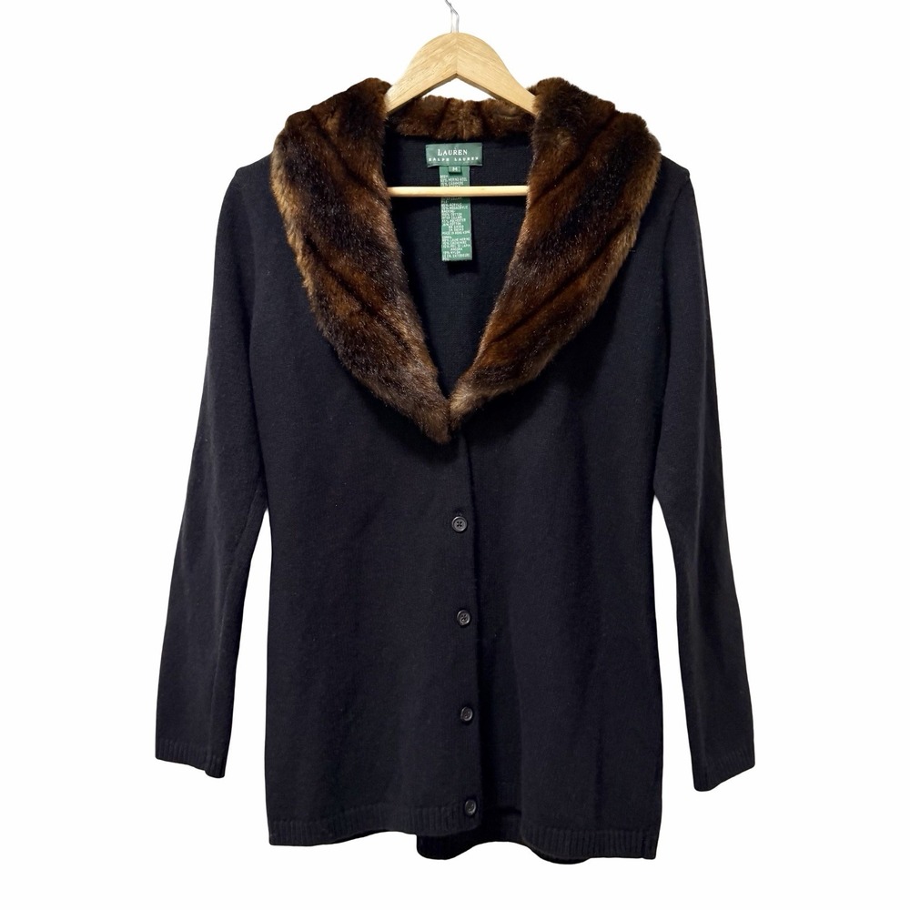 Lauren Ralph Lauren Wool Angora Faux Fur Collar Cardigan Size M Black Old Money